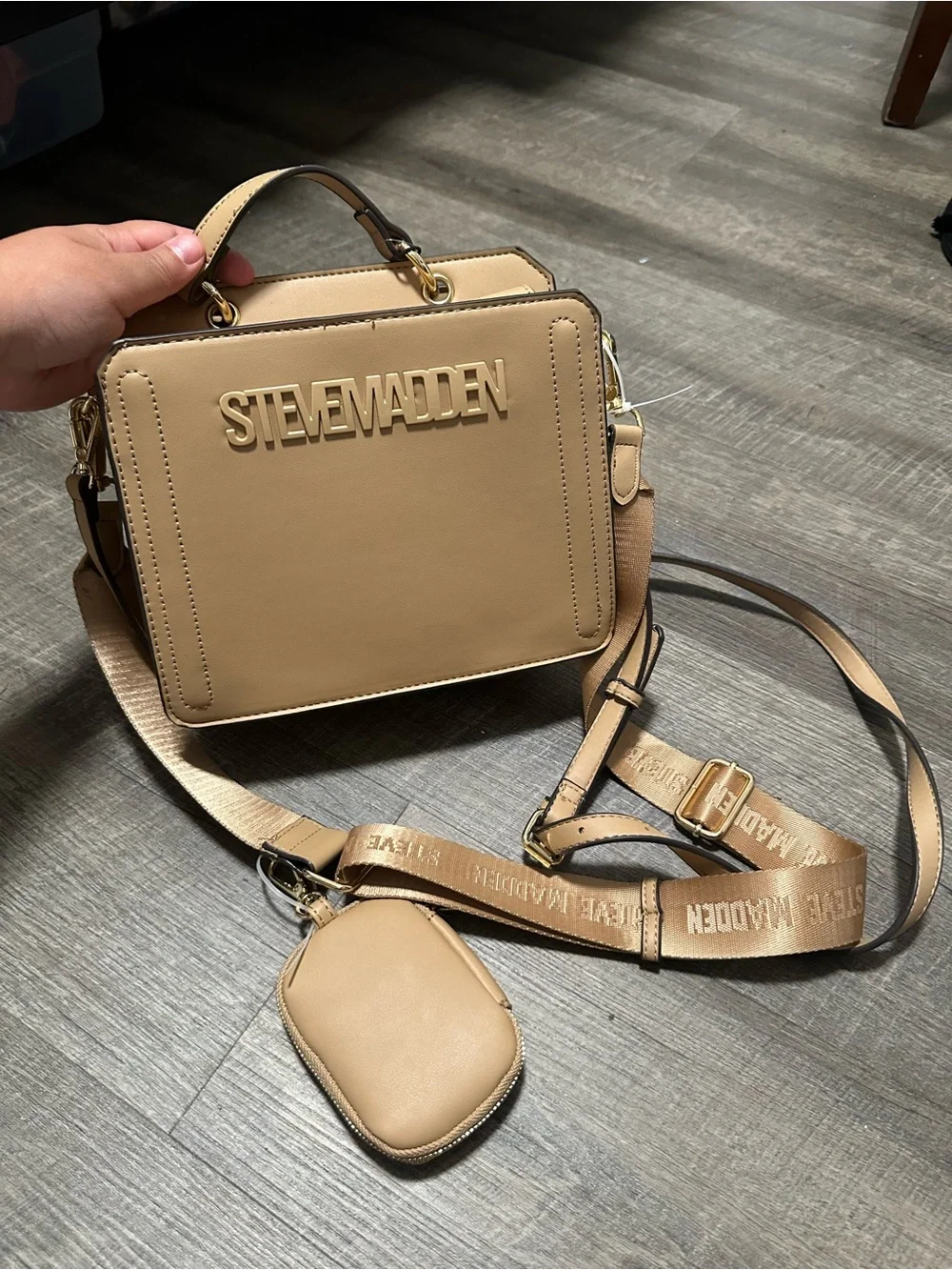 Steve Madden Beige/Tan Logo Box Crossbody Bag